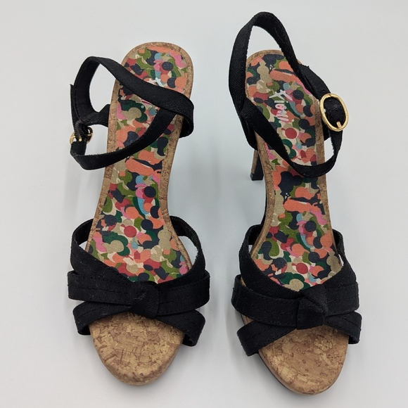 Fioni Black Bow Cork Sandals Heels Pin-Up Core Rockabilly Retro Summer 5.5W - Picture 3 of 11